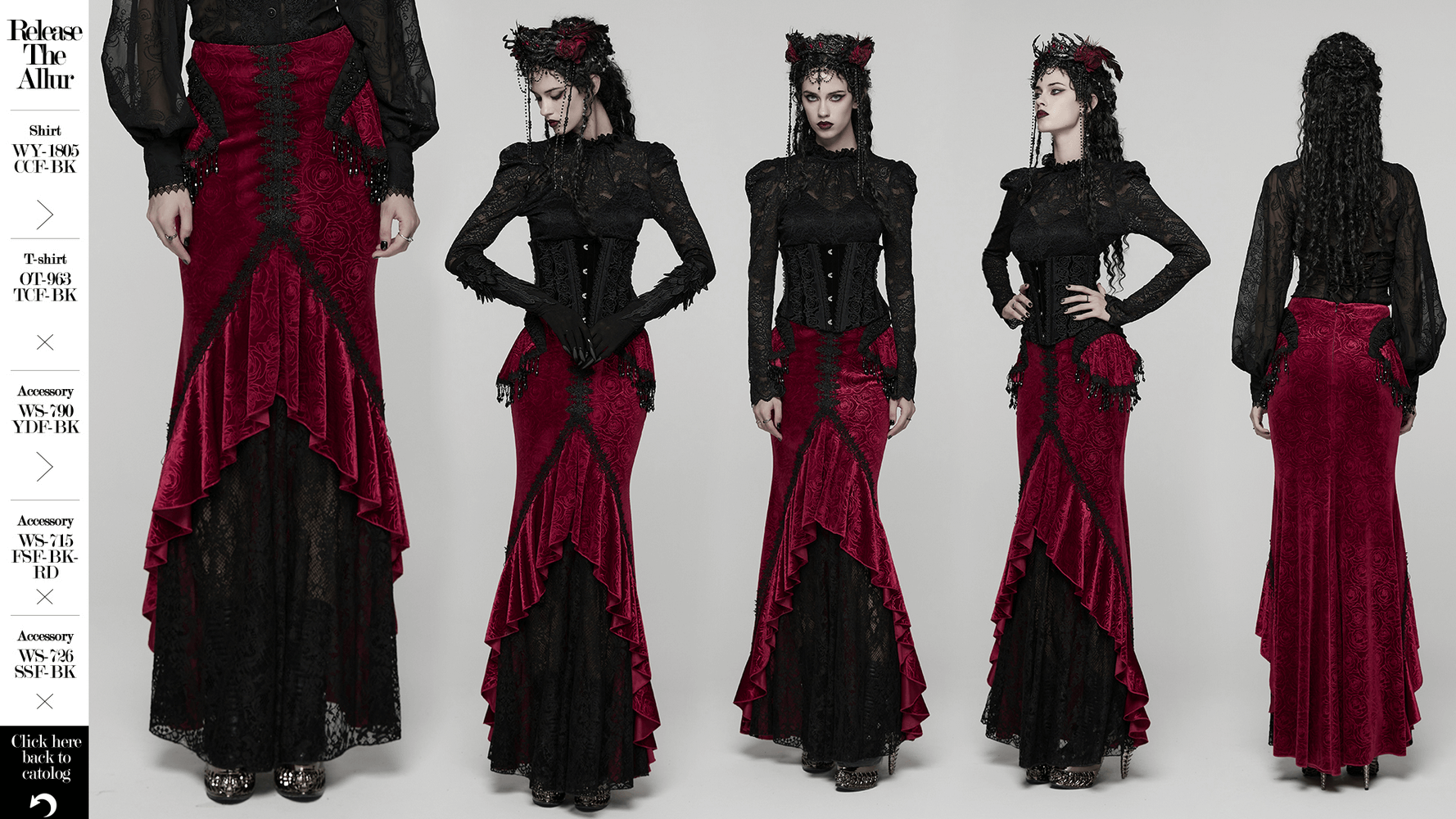 Velvet Gothic Fishtail Skirt with Lace and Tassel Beads showcasing a dramatic design in red and black fabrics.
