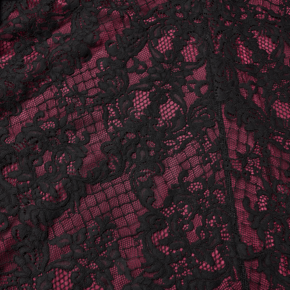 Velvet Gothic Fishtail Skirt with Lace and Tassel Beads intricate lace detail on rich rose velvet fabric.