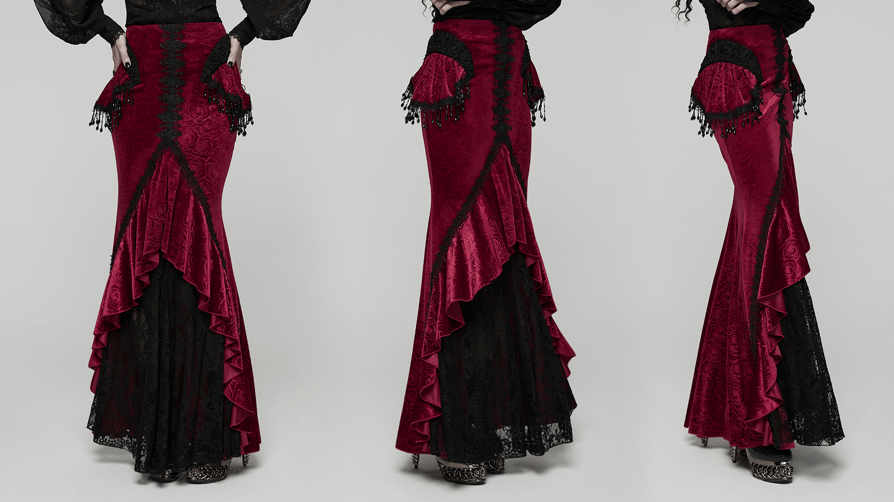 Velvet Gothic Fishtail Skirt with Lace and Tassel Beads shown in elegant side profiles featuring luxurious textures.
