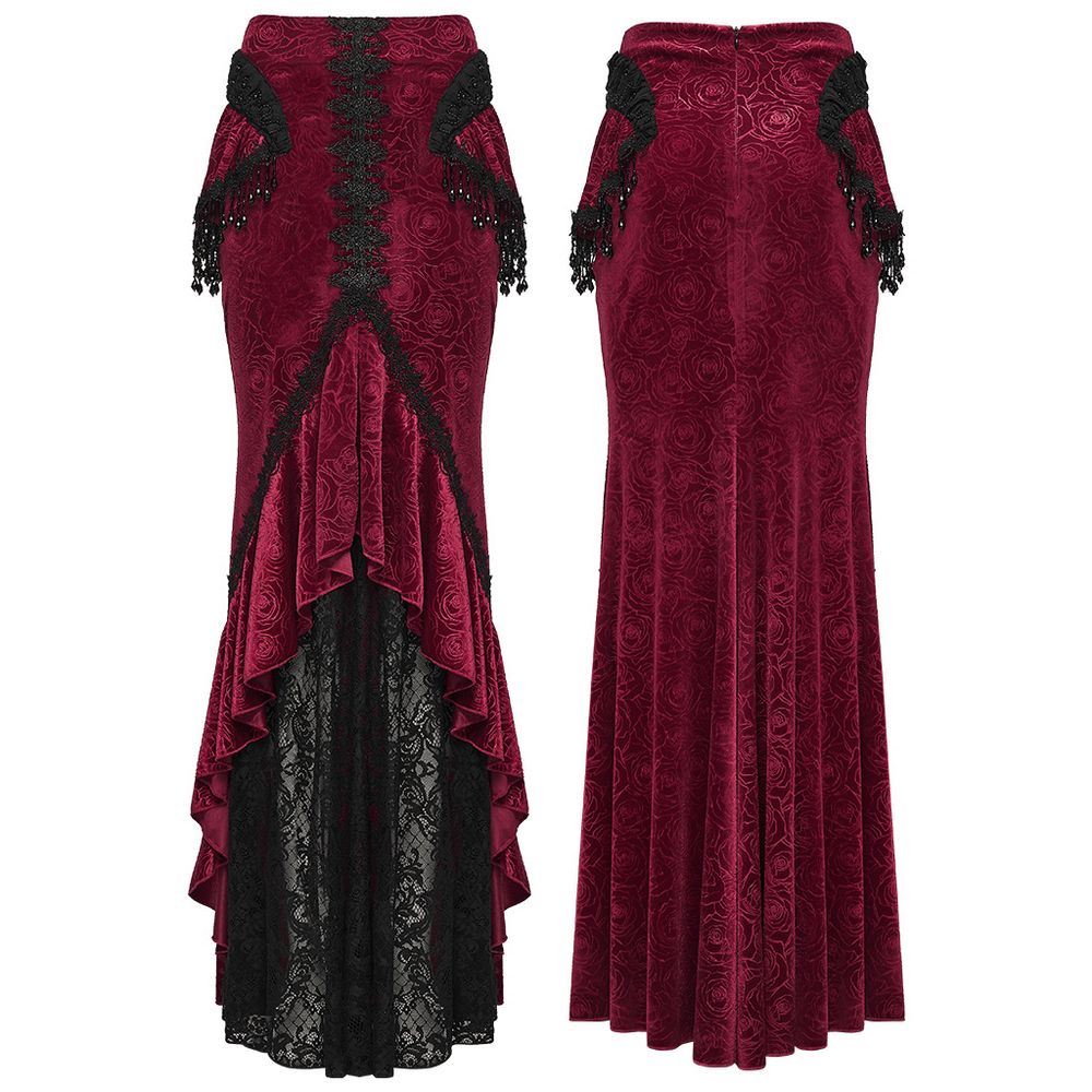 Velvet Gothic Fishtail Skirt with Lace and Tassel Beads featuring rose velvet and intricate lace details.