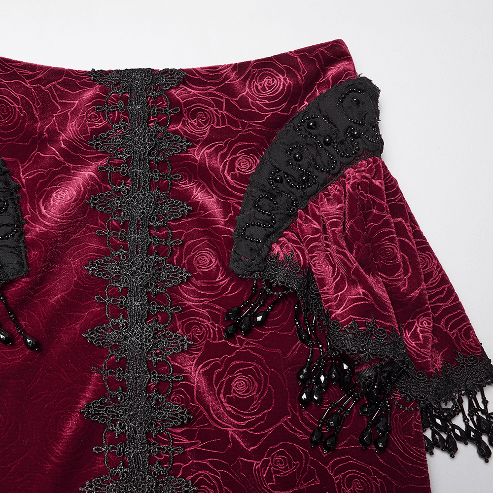 Velvet Gothic Fishtail Skirt with Lace and Tassel Beads detailing, featuring rose velvet and elegant lace trimmings.