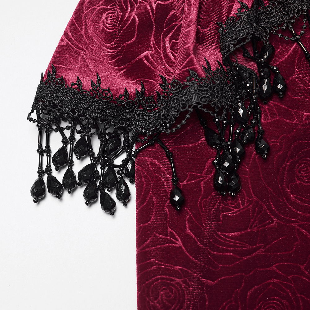 Velvet Gothic Fishtail Skirt with Lace and Tassel Beads detailed lace trim and tassel beads in rich rose velvet.