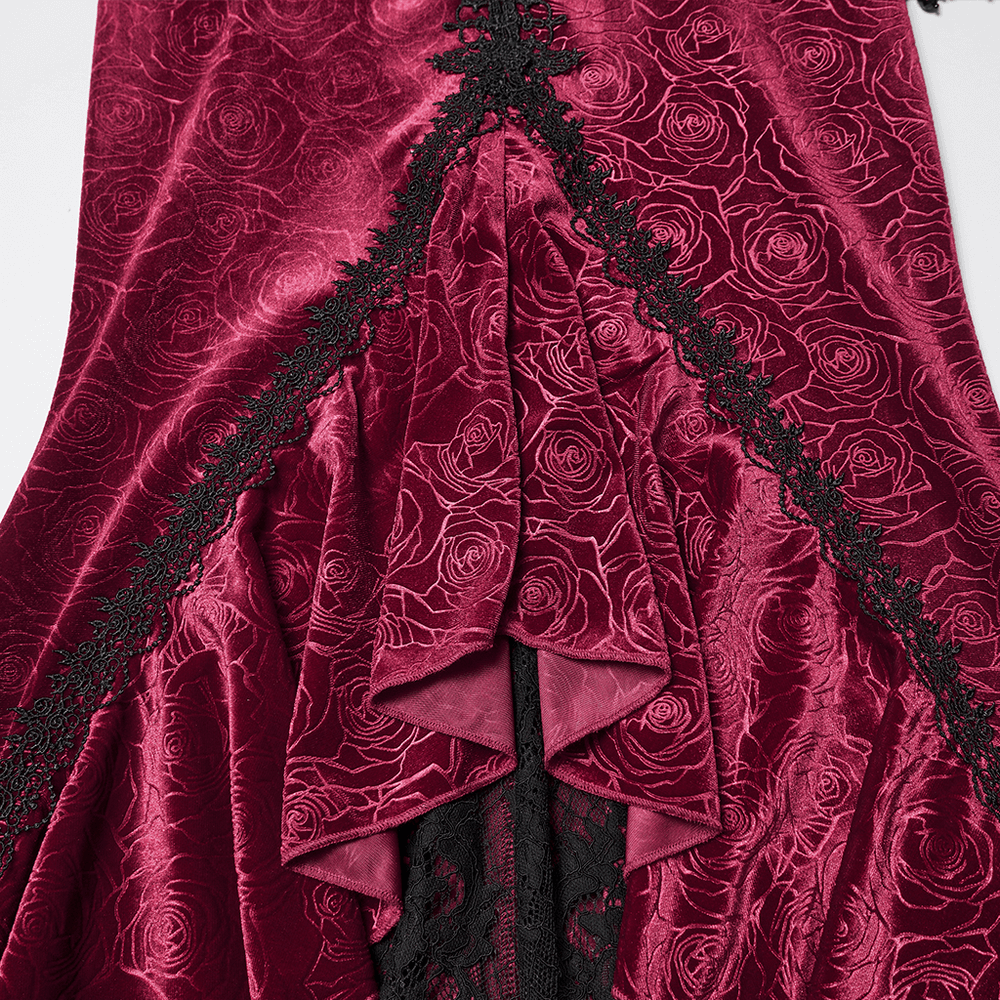 Velvet Gothic Fishtail Skirt with Lace and Tassel Beads showcasing rich rose velvet and intricate lace details.