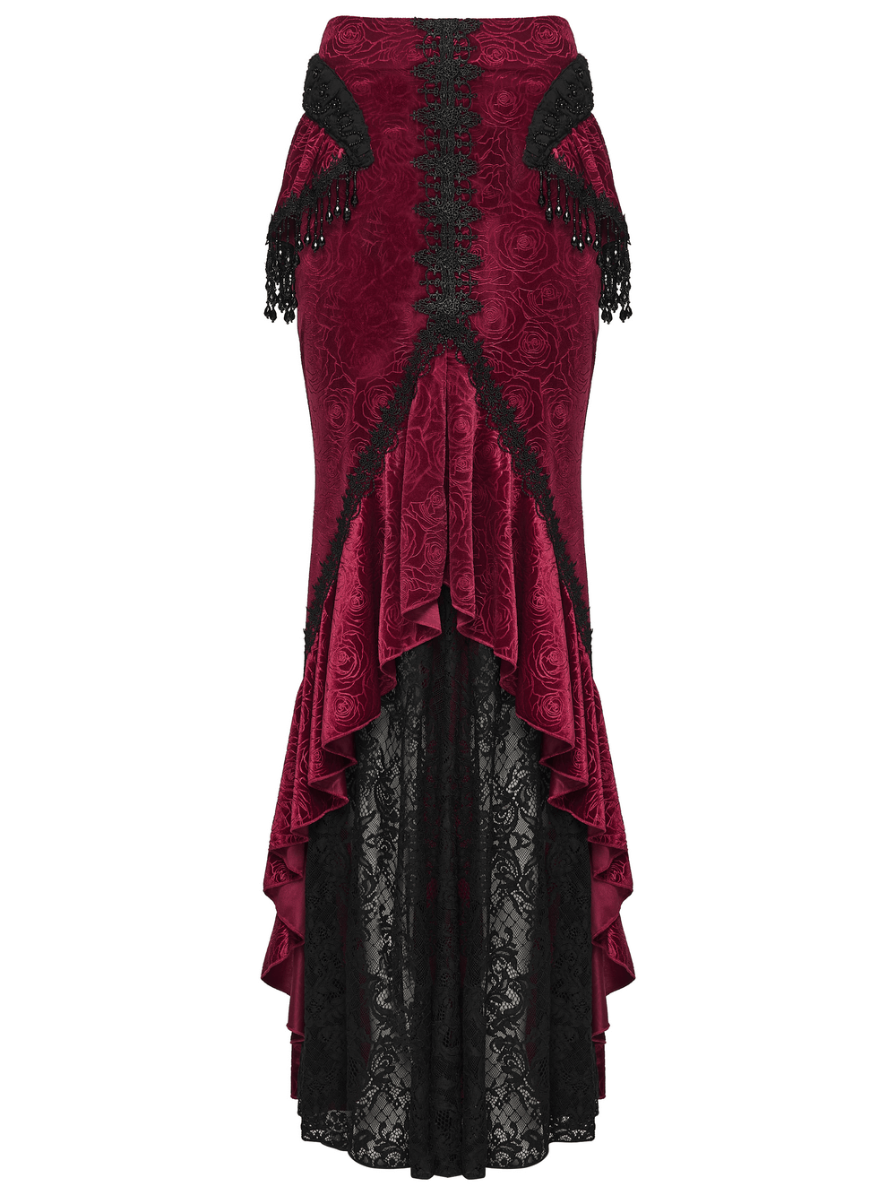 Velvet Gothic Fishtail Skirt with Lace and Tassel Beads showcasing intricate design and luxurious fabric.
