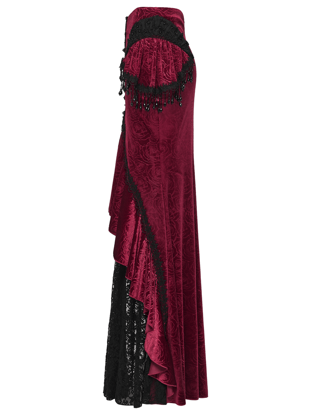 Velvet Gothic Fishtail Skirt with Lace and Tassel Beads showcasing intricate lace and tassel bead details in rich rose velvet.