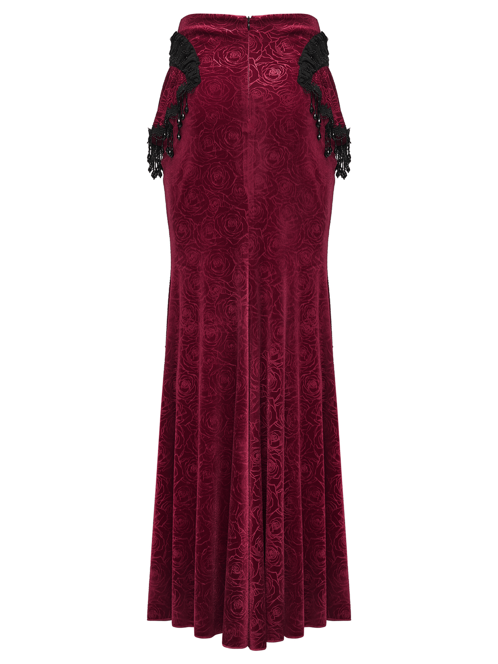 Velvet Gothic Fishtail Skirt with Lace and Tassel Beads showcasing a dramatic high-low silhouette in rich rose velvet.