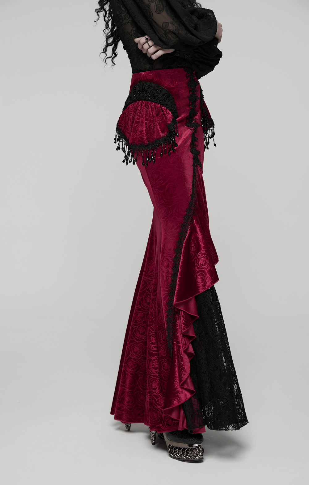 Velvet Gothic Fishtail Skirt with Lace and Tassel Beads in rose velvet and lace showcasing a dramatic silhouette.