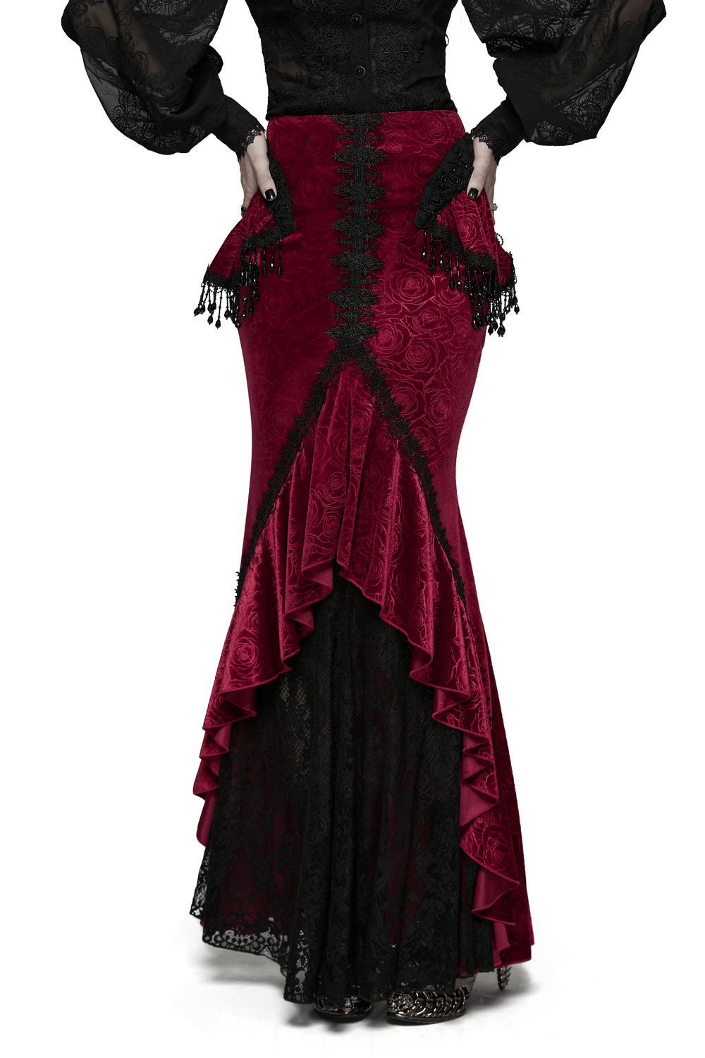 Velvet Gothic Fishtail Skirt with Lace and Tassel Beads showcasing elegant rose velvet and exquisite lace details.