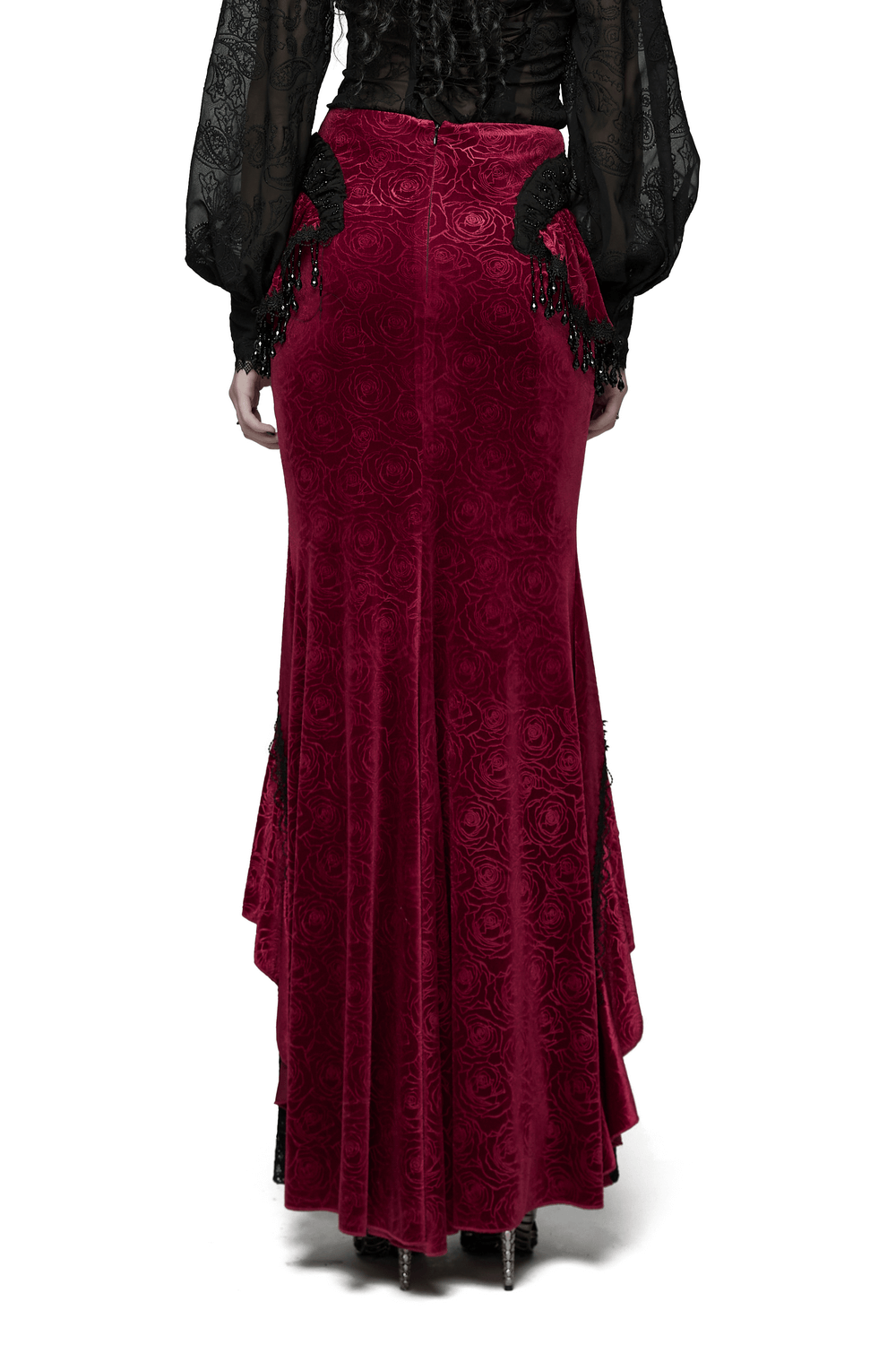Velvet Gothic Fishtail Skirt with Lace and Tassel Beads showcasing the back view, highlighting luxurious details.