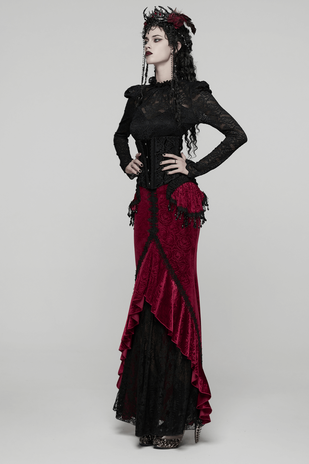 Velvet Gothic Fishtail Skirt with Lace and Tassel Beads worn by model, showcasing elegance and dramatic flair.