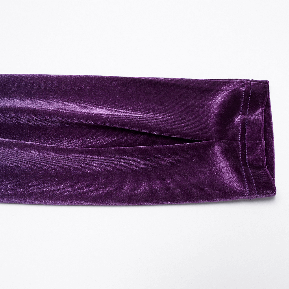 Close-up of purple velvet fabric showcasing soft pleats, perfect for a gothic style dress.