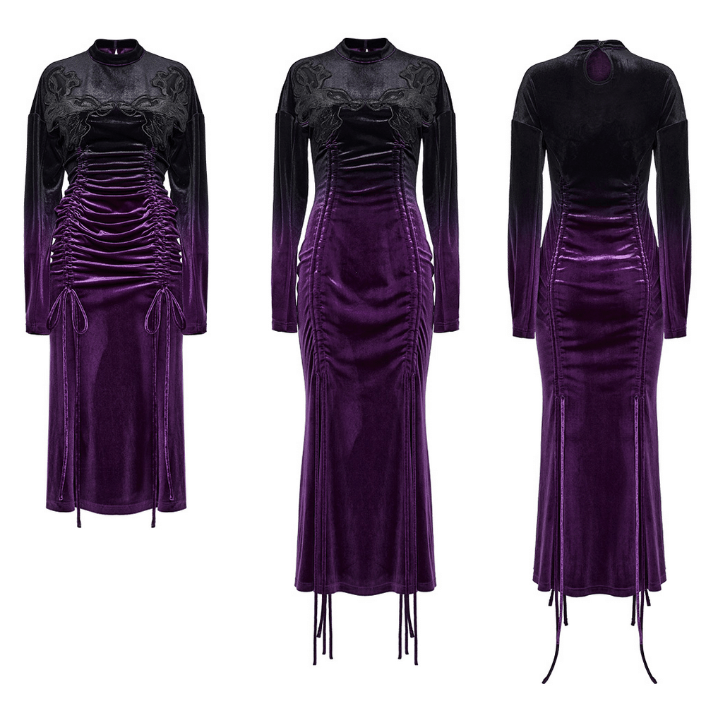 Elegant gothic velvet gradient dress in purple with adjustable drawstrings and detailed decals.