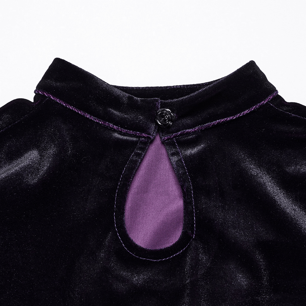 Close-up of adjustable velvet collar with water droplet design and rose button from Gothic gradient dress.