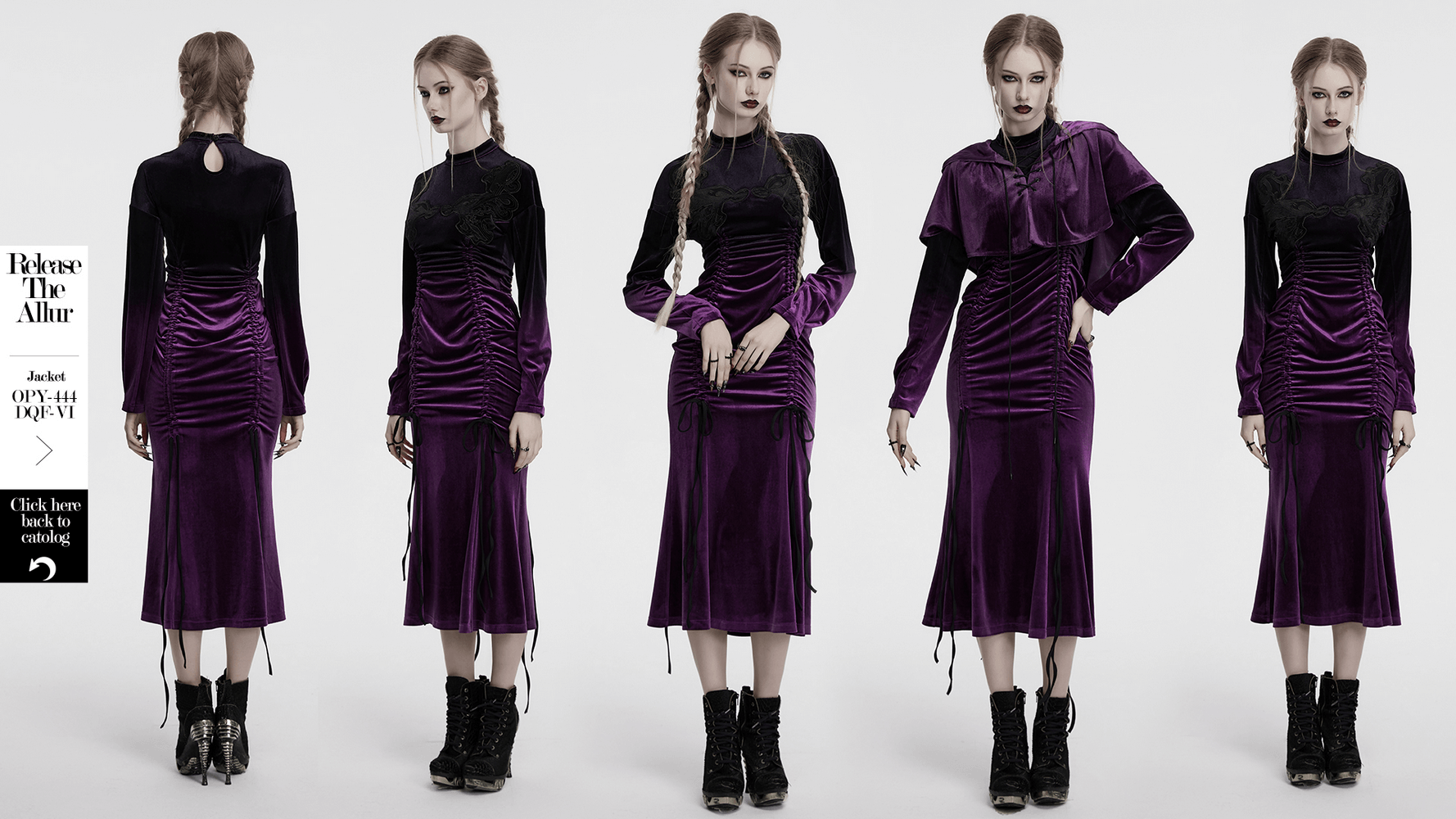 Stunning velvet gothic gradient dress with pleats, adjustable drawstring, and elegant fishtail hem in purple.