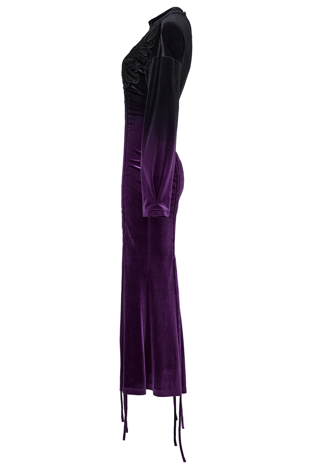 Elegant Gothic Velvet Gradient Dress with adjustable drawstring and pleated details in rich purple hues.