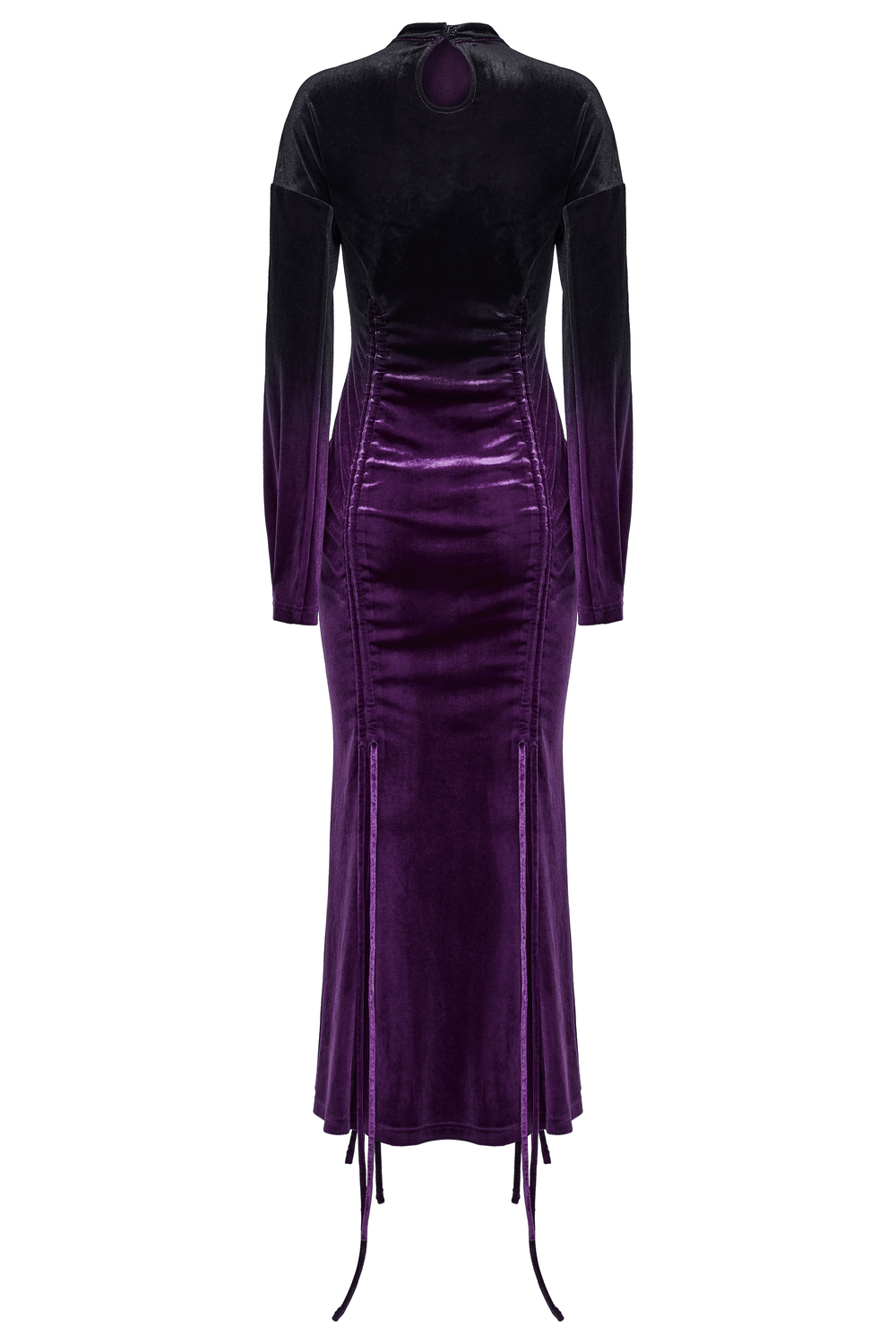 Elegant velvet gothic gradient dress with adjustable drawstring and fishtail hem, showcasing a unique back collar design.