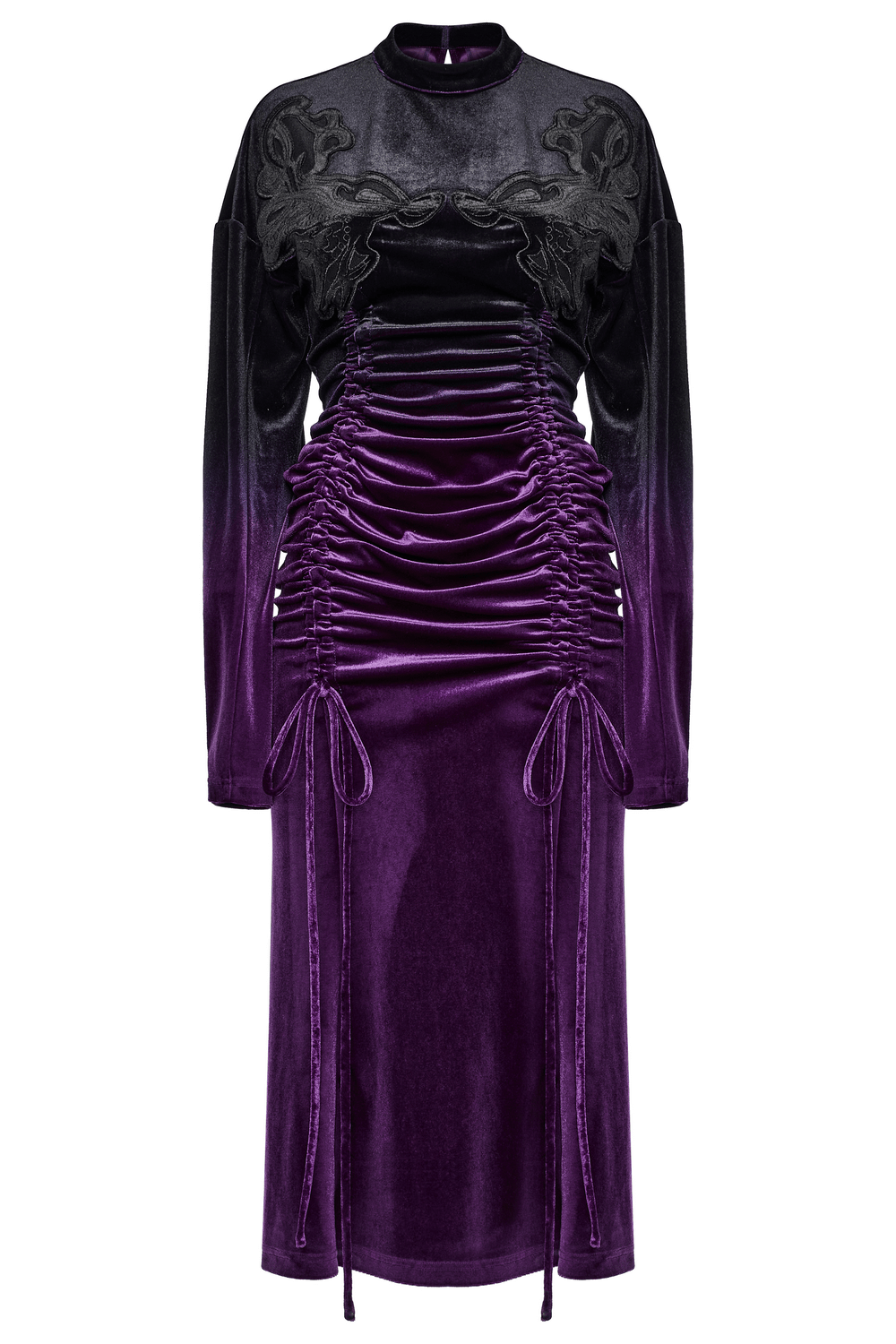Elegant velvet gothic dress with gradient design, adjustable drawstring, and pleated details for a custom fit.