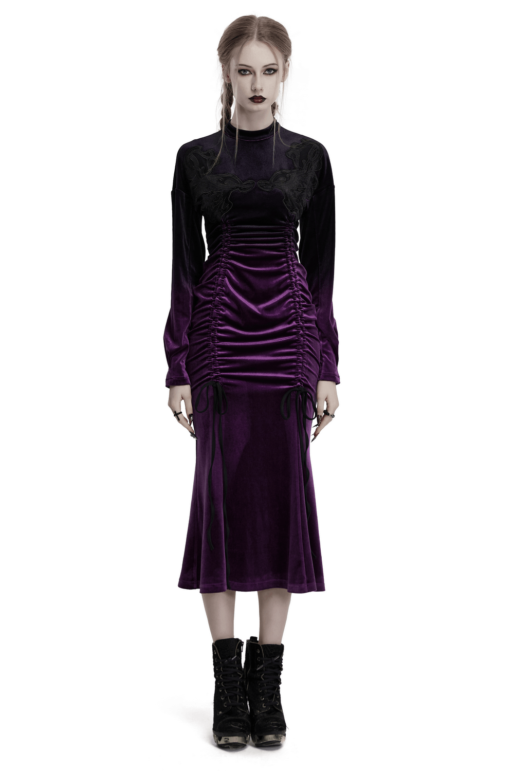 Elegant gothic velvet dress with adjustable drawstring and fishtail hem in rich purple.