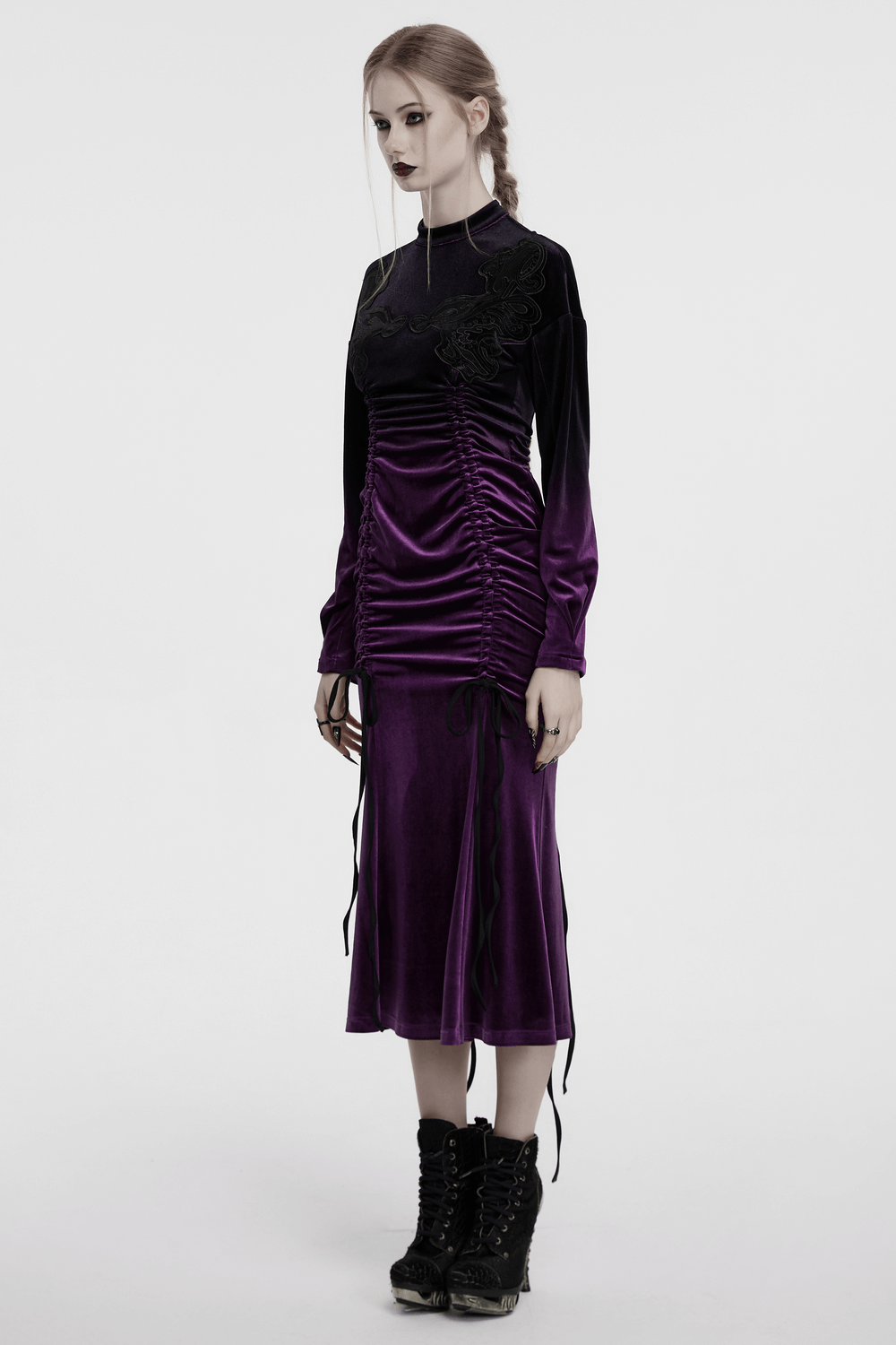 Elegant velvet gothic dress with pleated detail, adjustable drawstring, and gradient design in rich purple.
