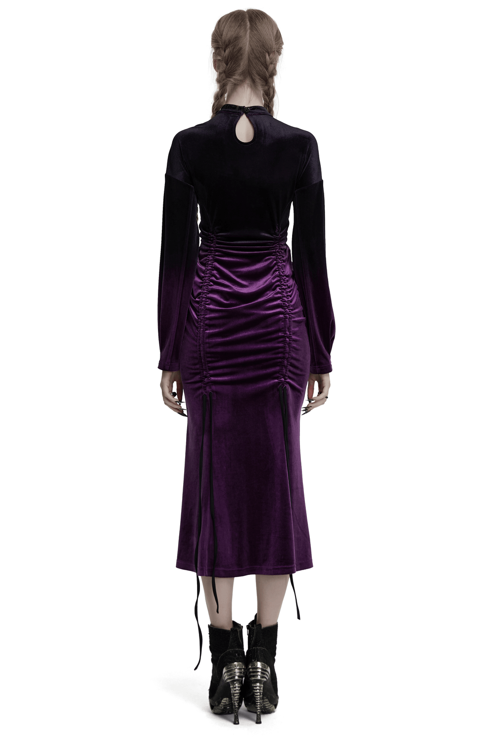 Back view of elegant velvet gothic gradient dress with adjustable drawstring and pleated detail.