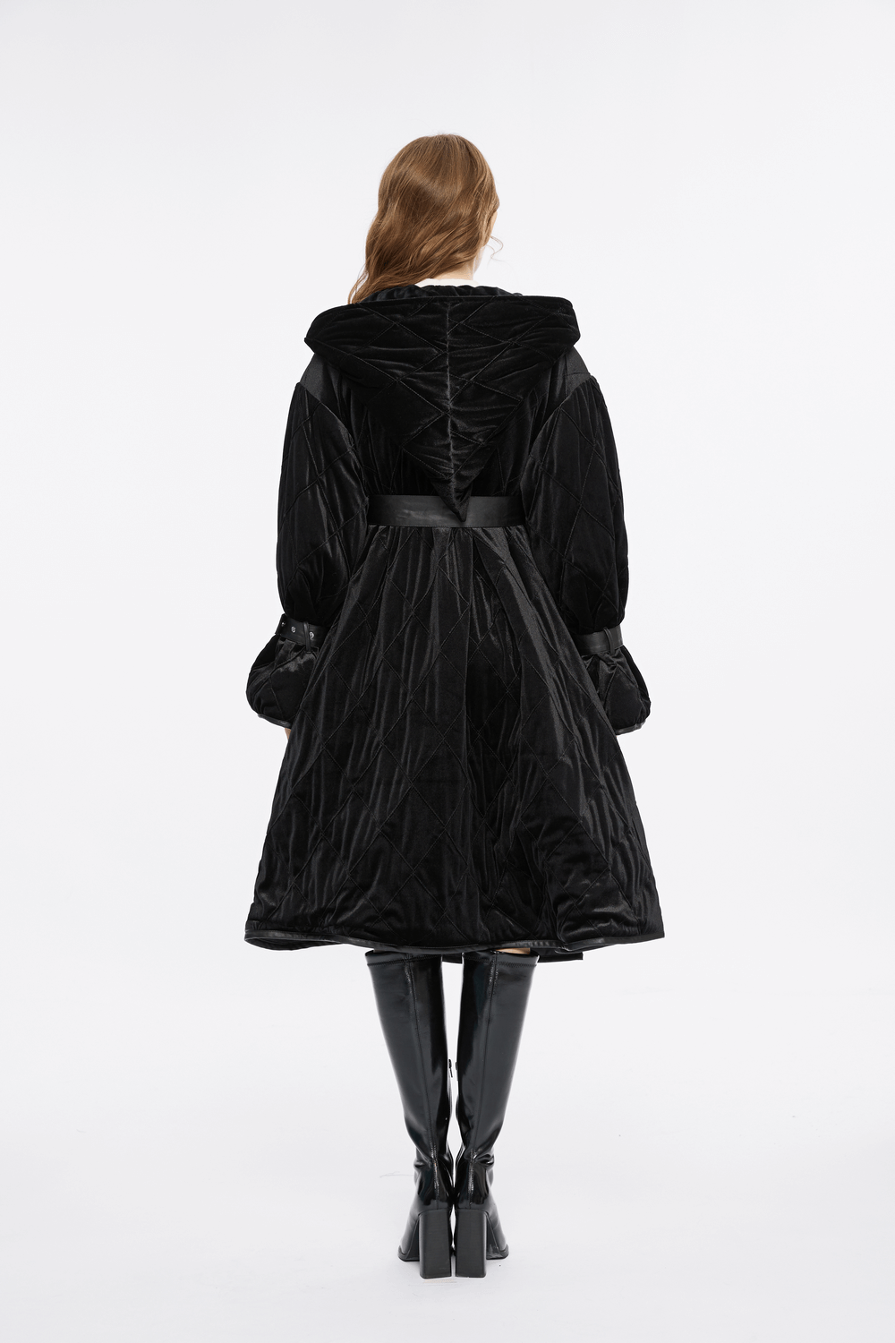 Back view of a stylish Velvet Gothic Hooded Long Coat, showcasing puff sleeves and a detachable leather belt.