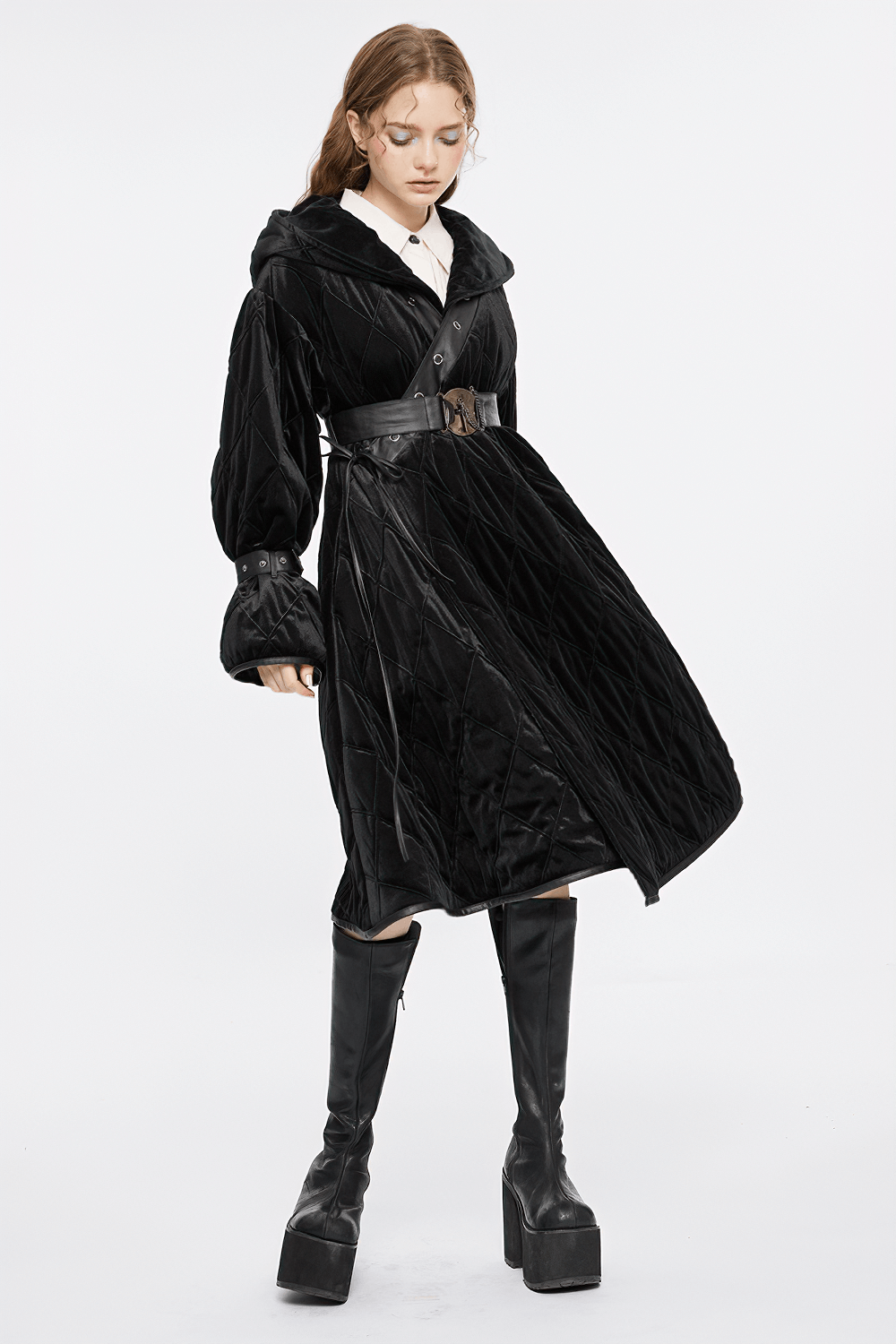 Gothic velvet hooded long coat with detachable leather belt, featuring a draped silhouette and stylish V-neck panels.