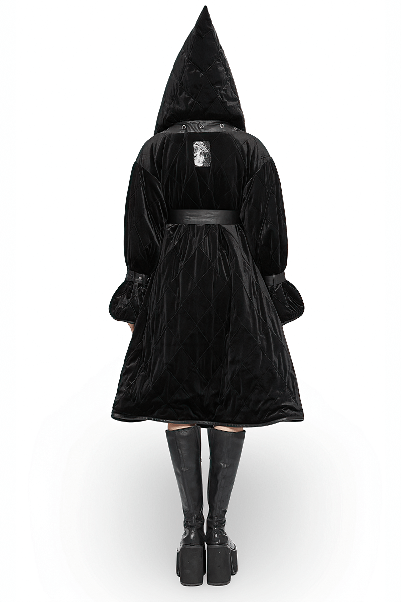 Back view of a Gothic hooded velvet long coat with detachable belt, showcasing its unique design and stylish silhouette.