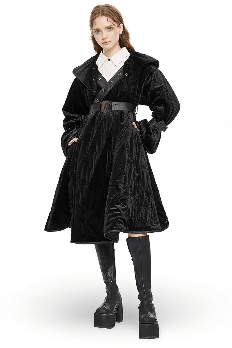 Stylish model in a Velvet Gothic Hooded Long Coat with a detachable leather belt, exuding enchantment and elegance.