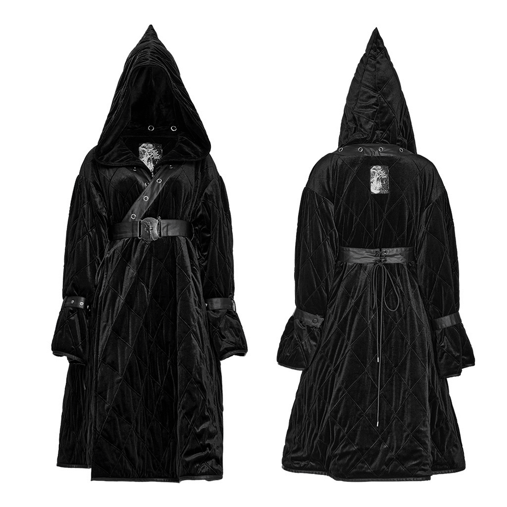 Velvet Gothic hooded long coat with detachable leather belt, showcasing a mysterious silhouette and elegant design.