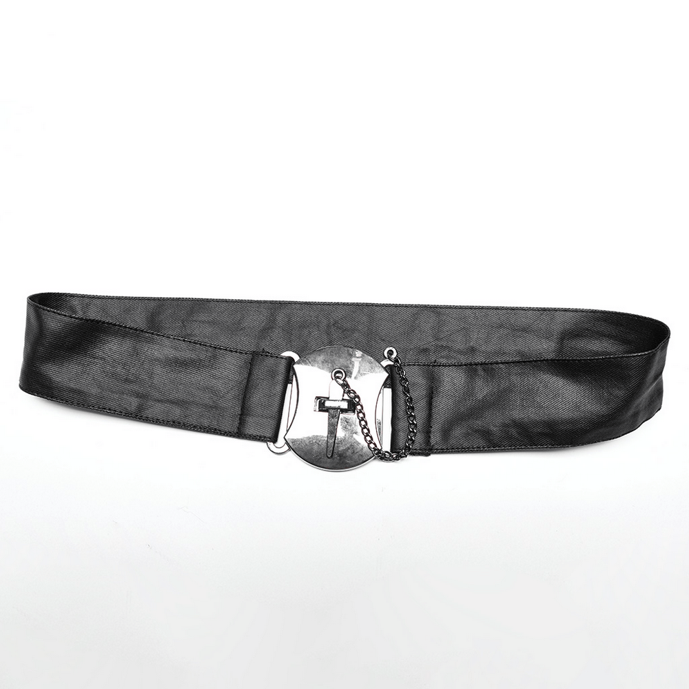 Chic black leather belt with silver circular buckle and dangling chain details for a gothic look.
