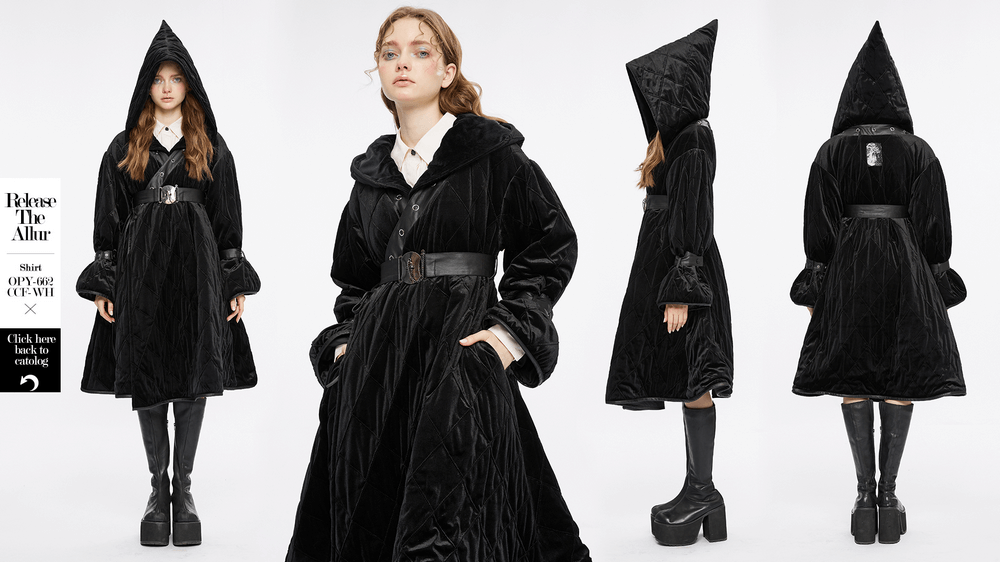 Velvet Gothic Hooded Long Coat with Detachable Belt, showcasing a mysterious and stylish design, perfect for any wizard or gothic fashion lover.