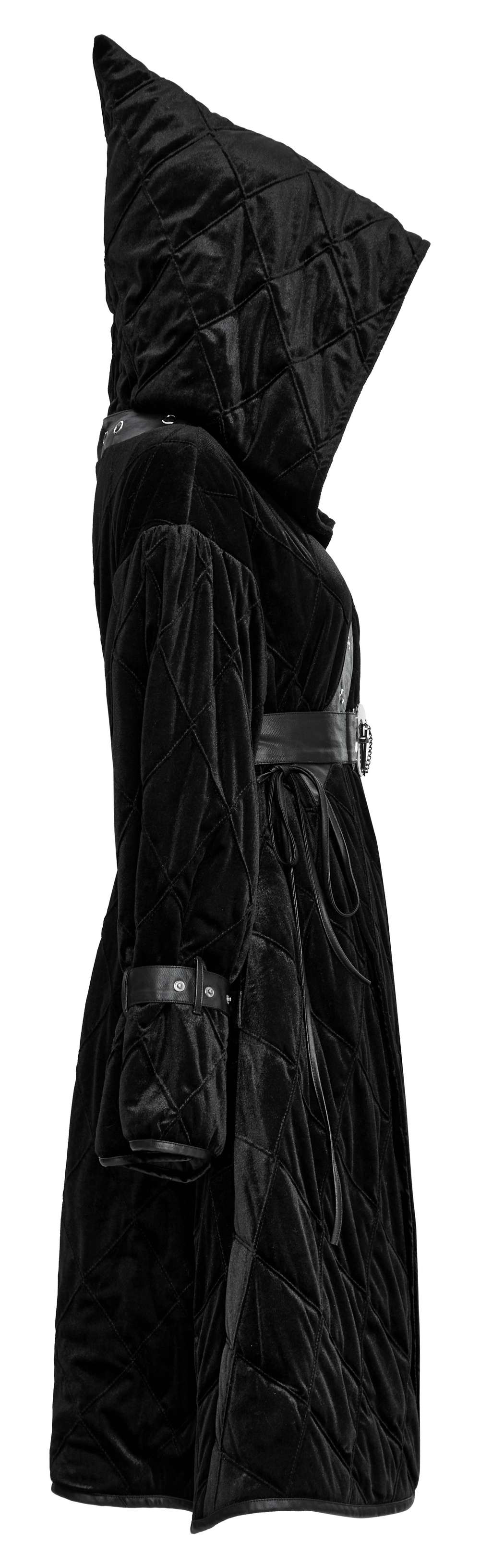 Side view of a Velvet Gothic Hooded Long Coat with detachable leather belt, featuring an elegant pointed hood.