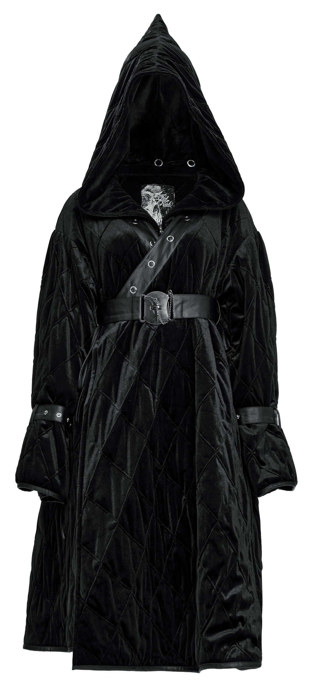 Stylish velvet gothic hooded long coat with a detachable leather belt and quilted design.