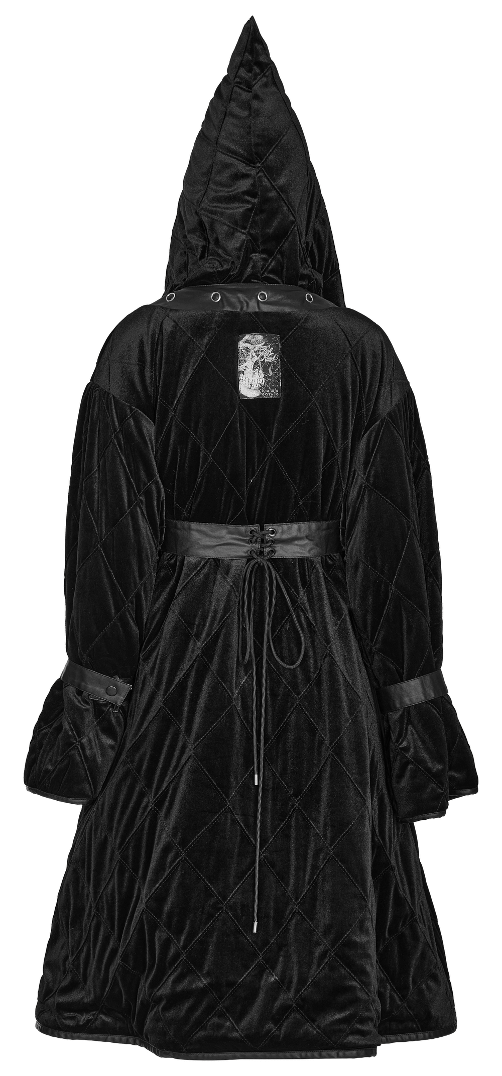 Back view of a velvet gothic hooded long coat with a detachable leather belt, featuring a dramatic hood and quilted design.