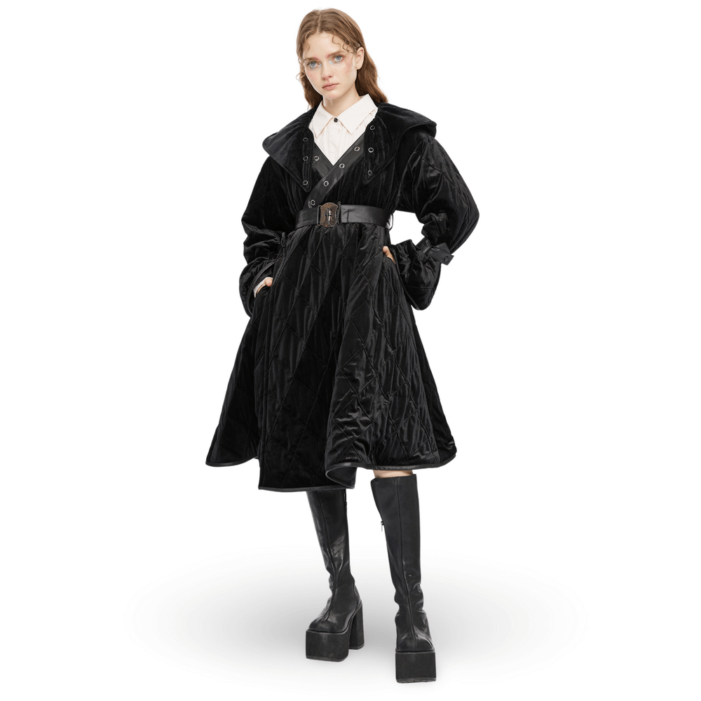 Velvet Gothic Hooded Long Coat With Detachable Leather Belt - HARD'N'HEAVY