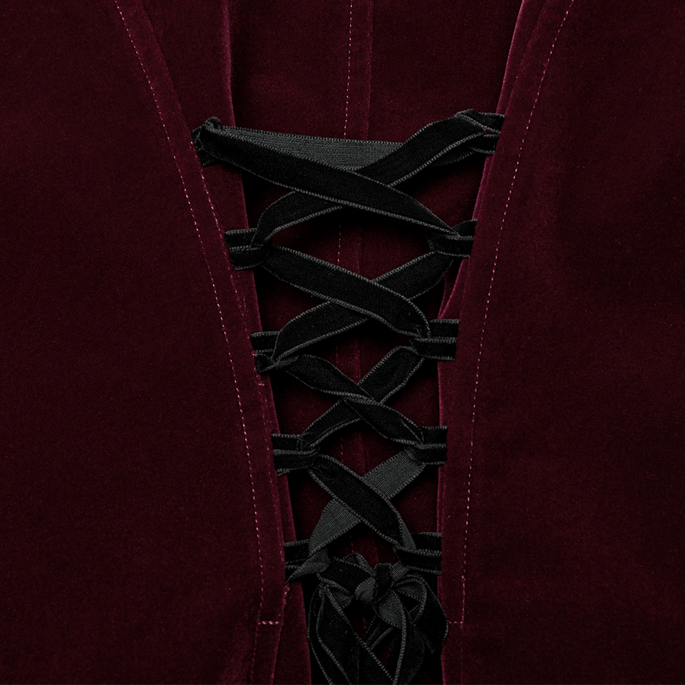 Lace-up back detail of a luxurious velvet gothic jacket in deep burgundy, showcasing elegant black ribbons.