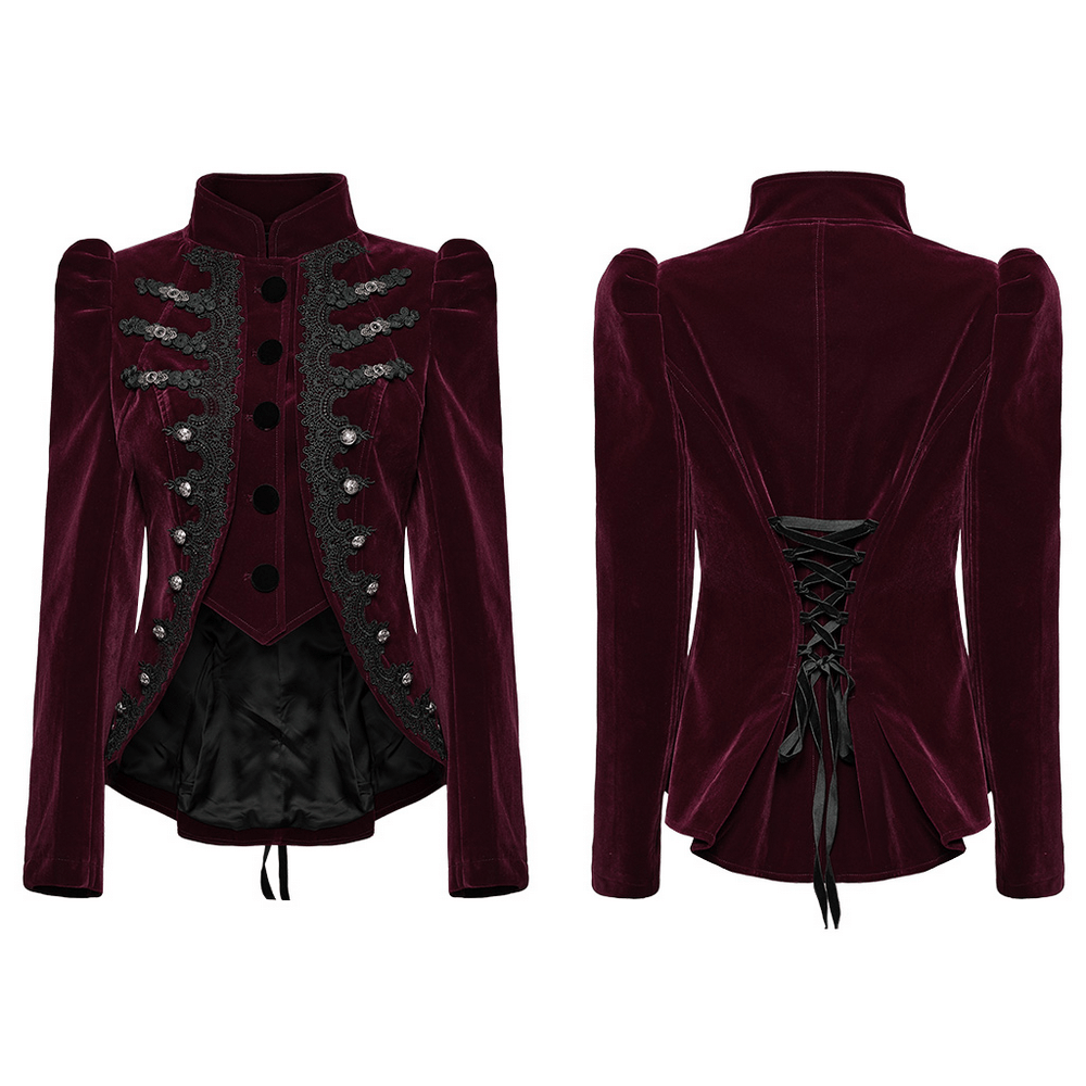 Luxurious burgundy velvet gothic jacket featuring lace-up back and intricate appliques for a stunning silhouette.