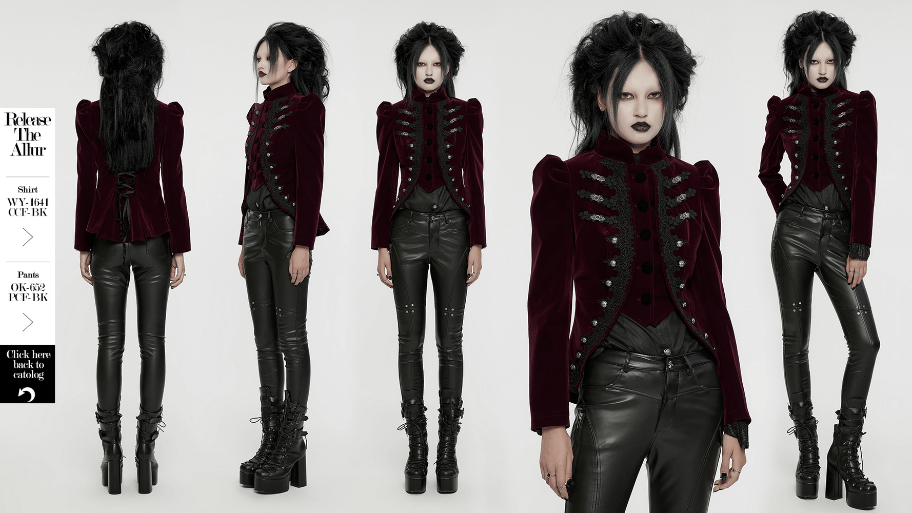 Model wearing a luxurious velvet gothic jacket with lace-up back, paired with sleek black pants and platform boots.