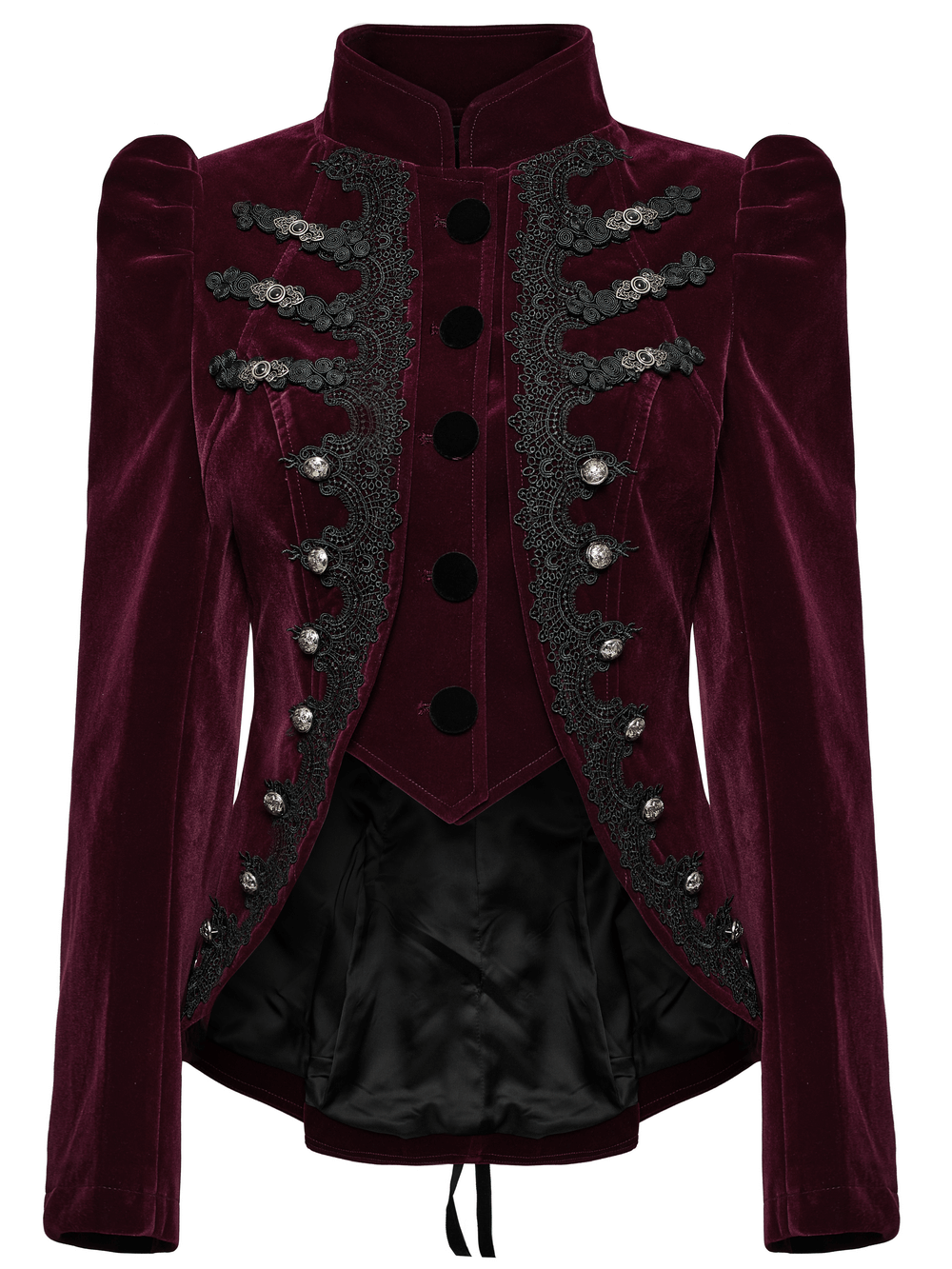 Luxurious velvet gothic jacket with lace-up back and ornate appliques, featuring button accents.