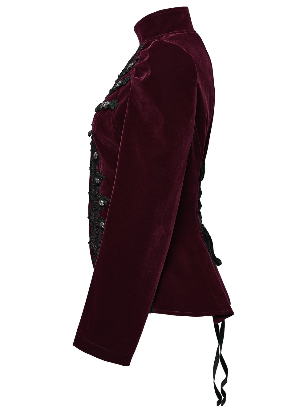 Side view of a luxurious velvet gothic jacket with lace-up back and intricate appliques.