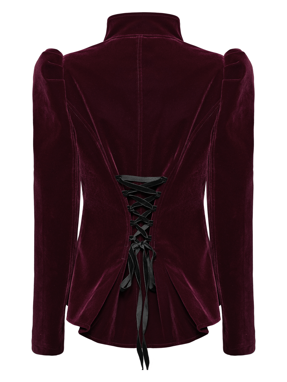 Velvet Gothic Jacket with lace-up back and elegant appliques, showcasing a luxurious design in deep burgundy.