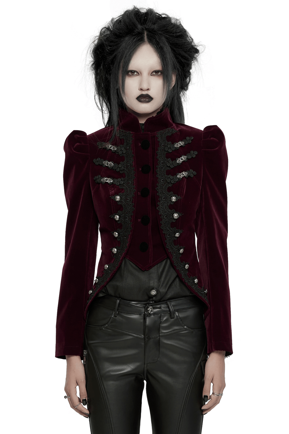 Luxurious velvet gothic jacket with lace-up back and intricate appliques, perfect for a dramatic, vintage-inspired look.