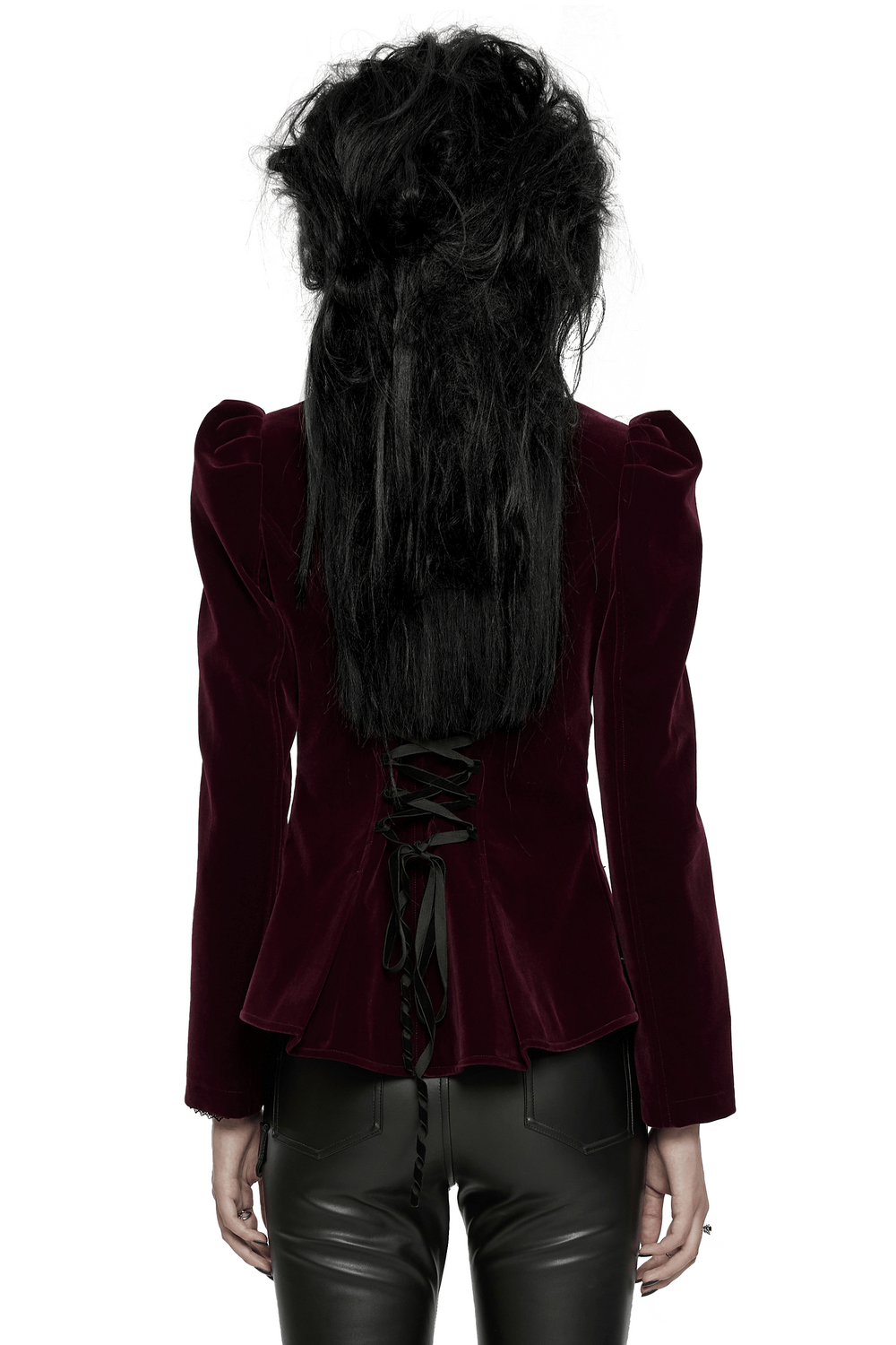 Back view of a luxurious velvet gothic jacket with lace-up design and elegant puff sleeves.