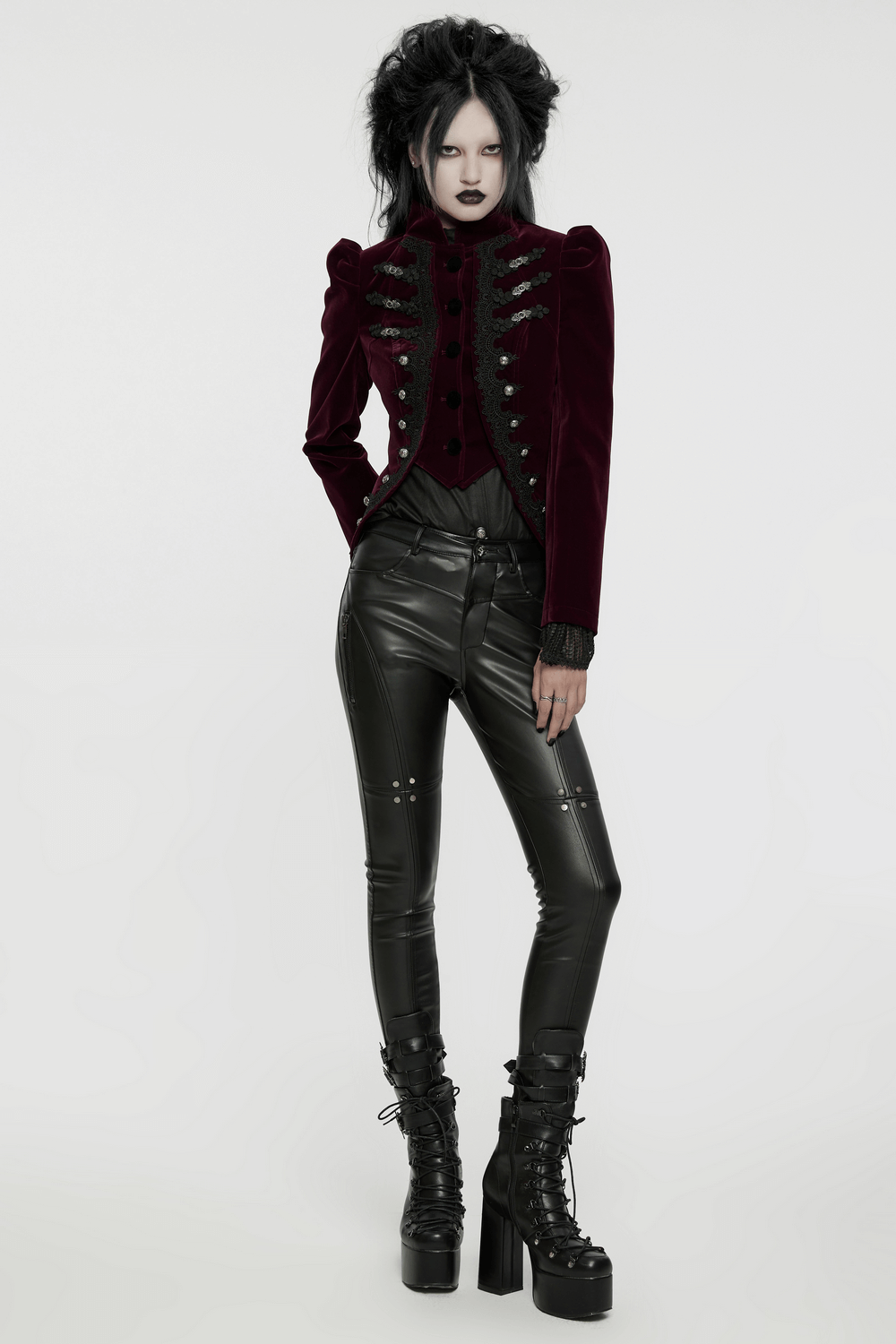 Luxurious velvet gothic jacket with lace-up back, button accents, and elegant appliques for a striking silhouette.