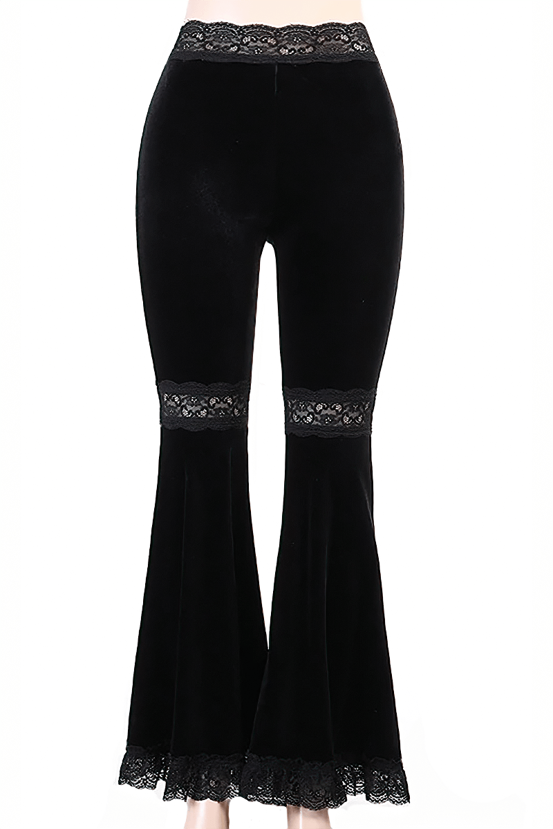 Velvet Gothic Lace Patchwork Flare Pants / Romantic Vintage Grunge Skinny Emo Trousers - HARD'N'HEAVY