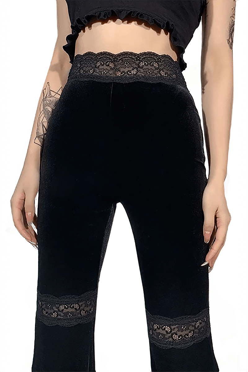 Velvet Gothic Lace Patchwork Flare Pants / Romantic Vintage Grunge Skinny Emo Trousers - HARD'N'HEAVY