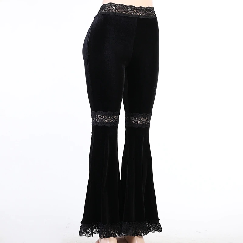 Velvet Gothic Lace Patchwork Flare Pants / Romantic Vintage Grunge Skinny Emo Trousers - HARD'N'HEAVY