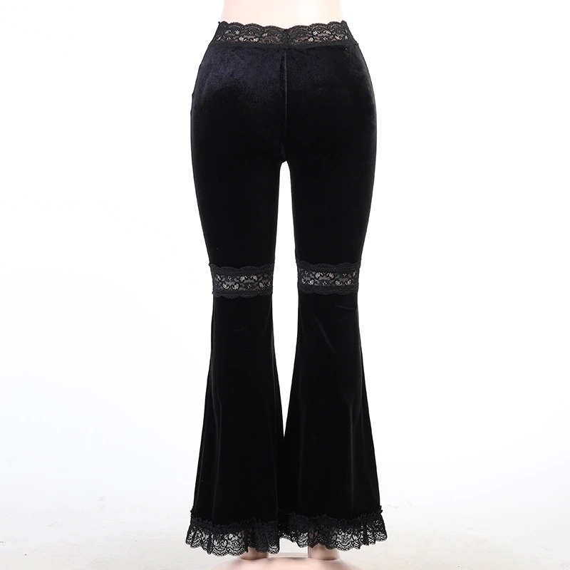 Velvet Gothic Lace Patchwork Flare Pants / Romantic Vintage Grunge Skinny Emo Trousers - HARD'N'HEAVY