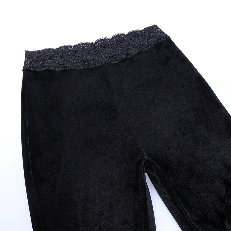 Velvet Gothic Lace Patchwork Flare Pants / Romantic Vintage Grunge Skinny Emo Trousers - HARD'N'HEAVY