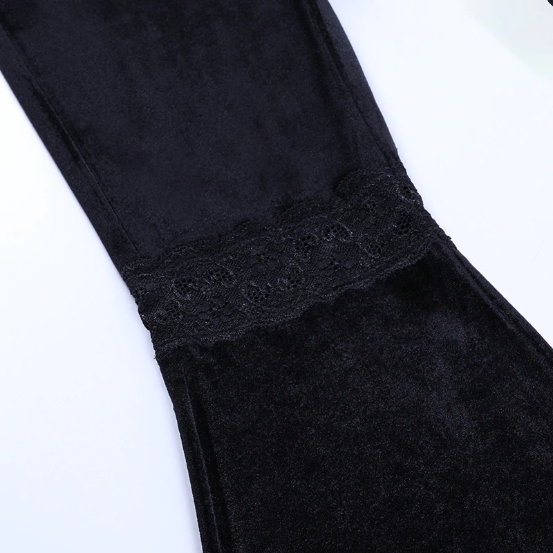 Velvet Gothic Lace Patchwork Flare Pants / Romantic Vintage Grunge Skinny Emo Trousers - HARD'N'HEAVY